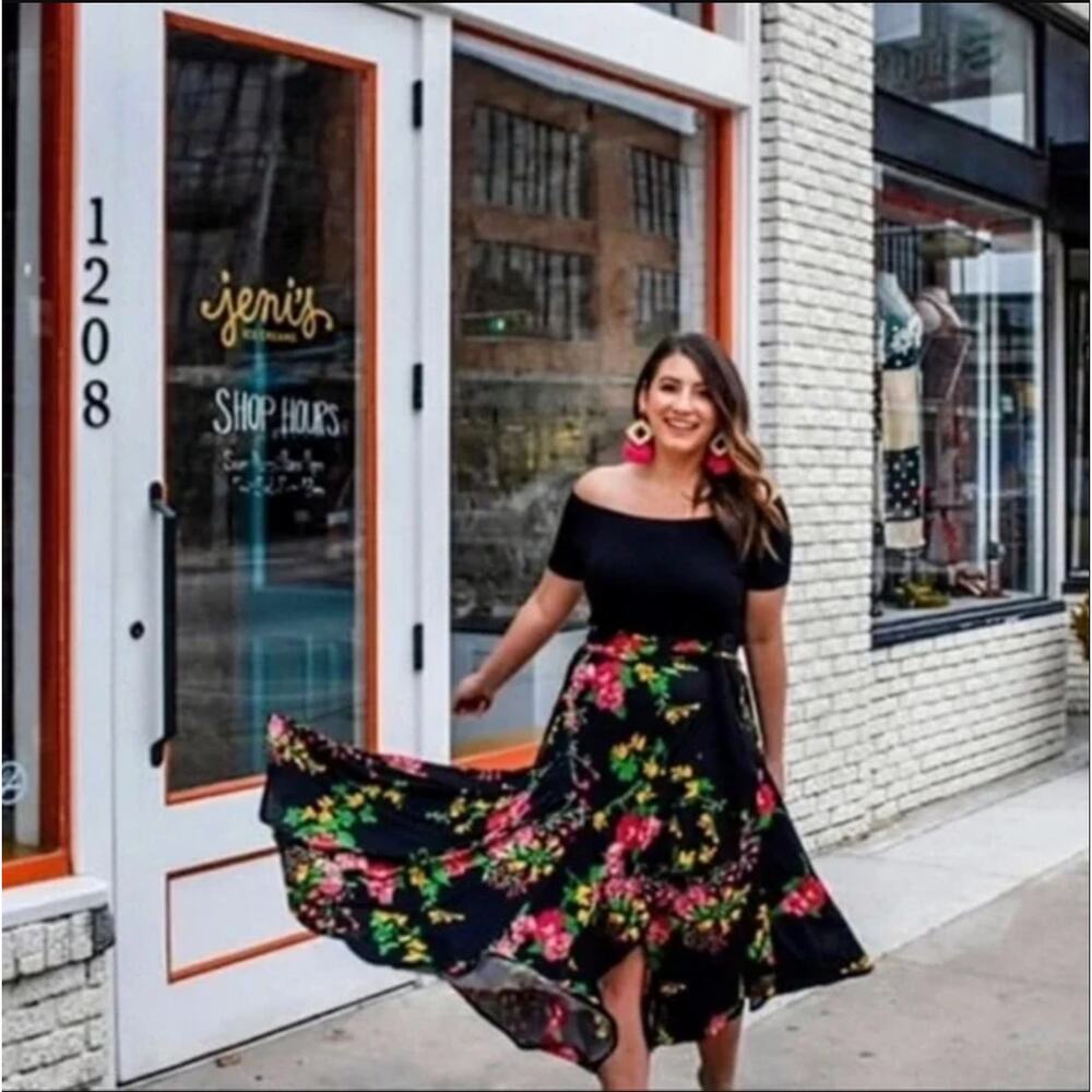CAbi Black High-Low Floral Skirt with Pink & Green Blossoms